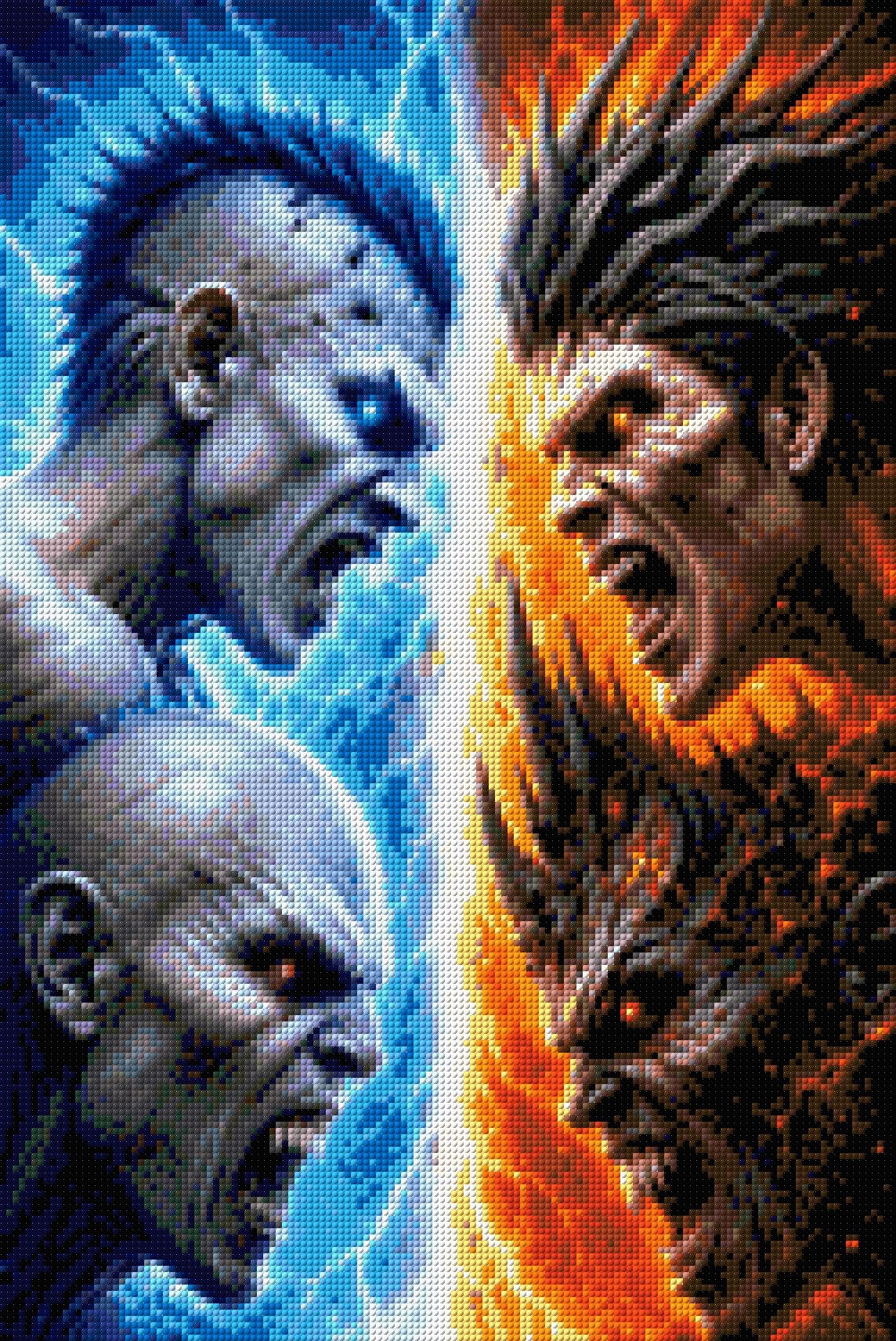 Four elemental warriors face off, blue ice on left and fiery orange on right. Size - 40cm x 60cm