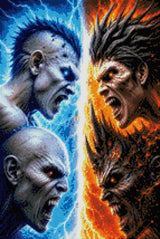 Four elemental warriors face off, blue ice on left and fiery orange on right. Size - 40cm x 60cm