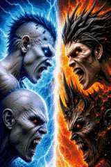 Four elemental warriors face off, blue ice on left and fiery orange on right. Size - 60cm x 90cm