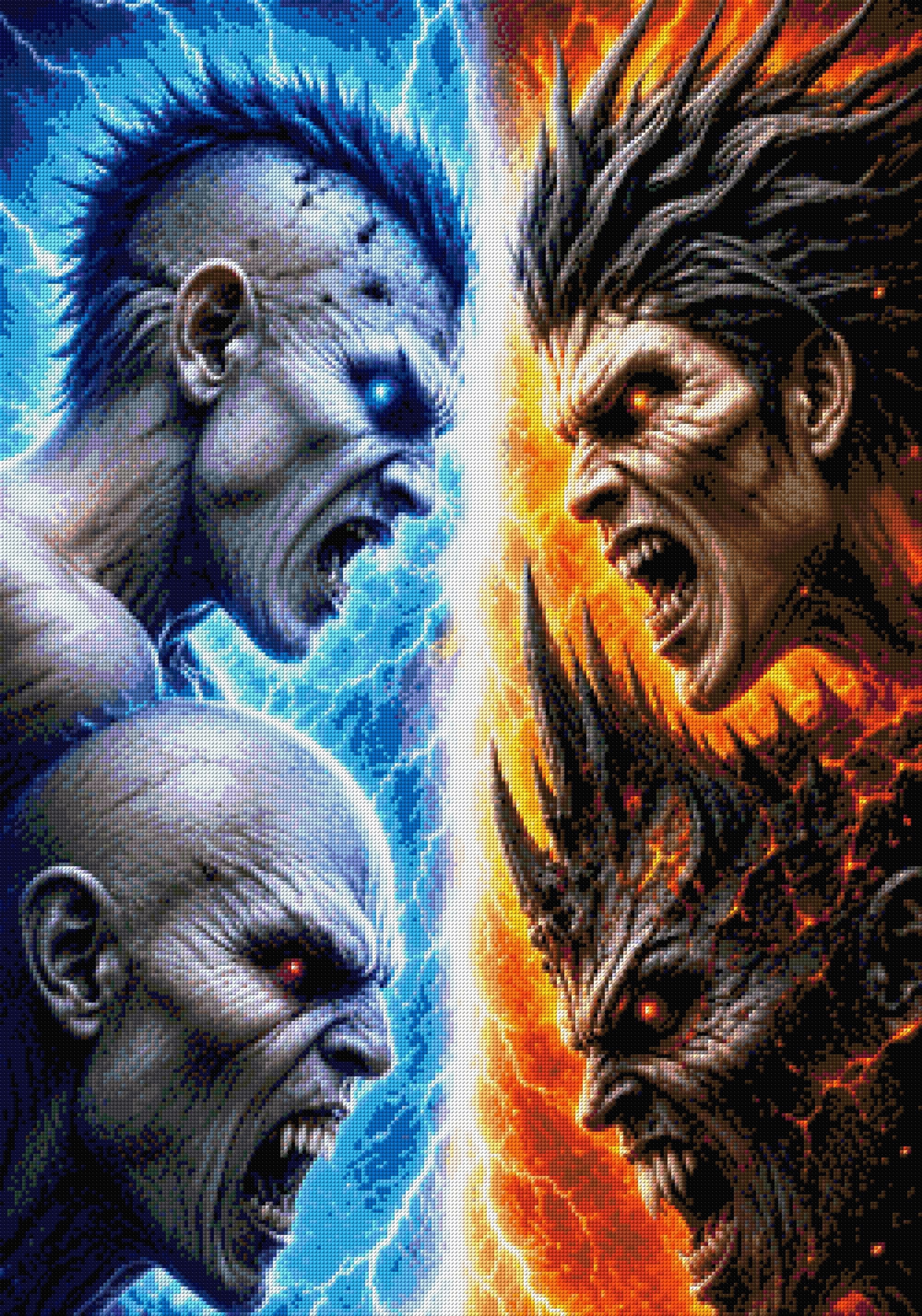 Four elemental warriors face off, blue ice on left and fiery orange on right. Size - 70cm x 100cm