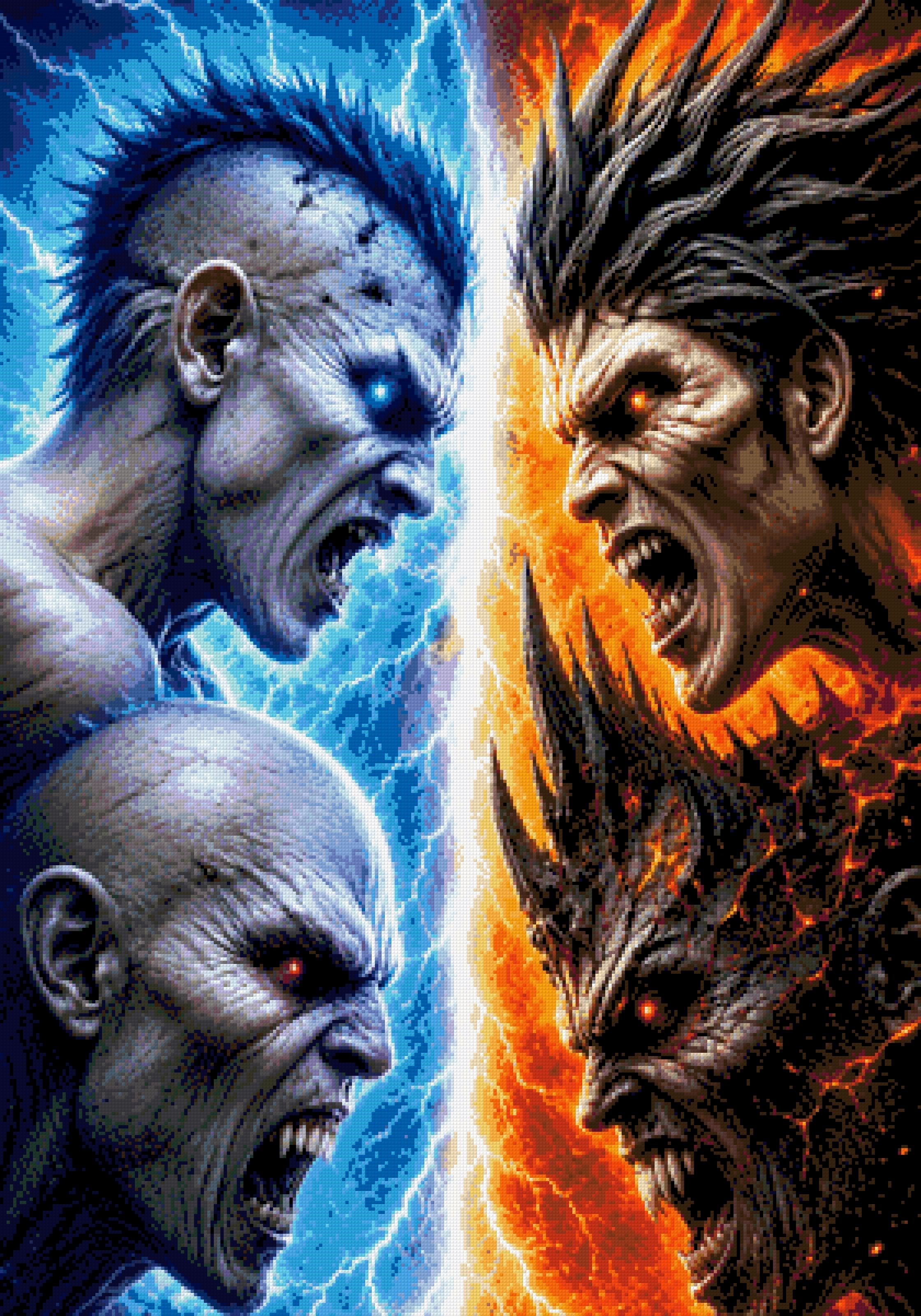 Four elemental warriors face off, blue ice on left and fiery orange on right. Size - 70cm x 100cm