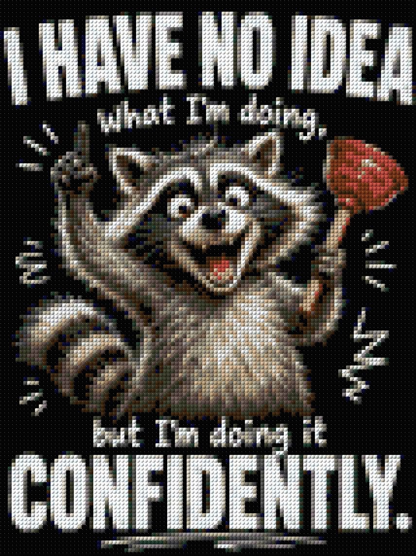 Cheerful raccoon holding a plunger labeled 'Strategy (Maybe)' with confident expression. Size - 30cm x 40cm