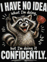 Cheerful raccoon holding a plunger labeled 'Strategy (Maybe)' with confident expression. Size - 30cm x 40cm
