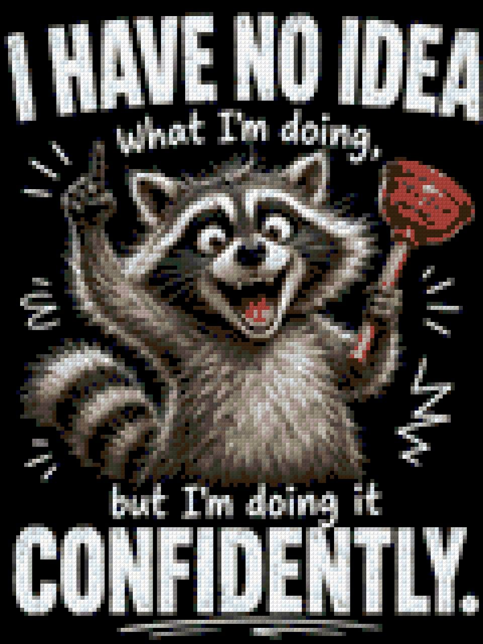 Cheerful raccoon holding a plunger labeled 'Strategy (Maybe)' with confident expression. Size - 30cm x 40cm