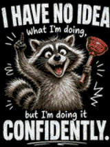 Cheerful raccoon holding a plunger labeled 'Strategy (Maybe)' with confident expression. Size - 30cm x 40cm