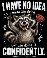 Cheerful raccoon holding a plunger labeled 'Strategy (Maybe)' with confident expression. Size - 40cm x 50cm