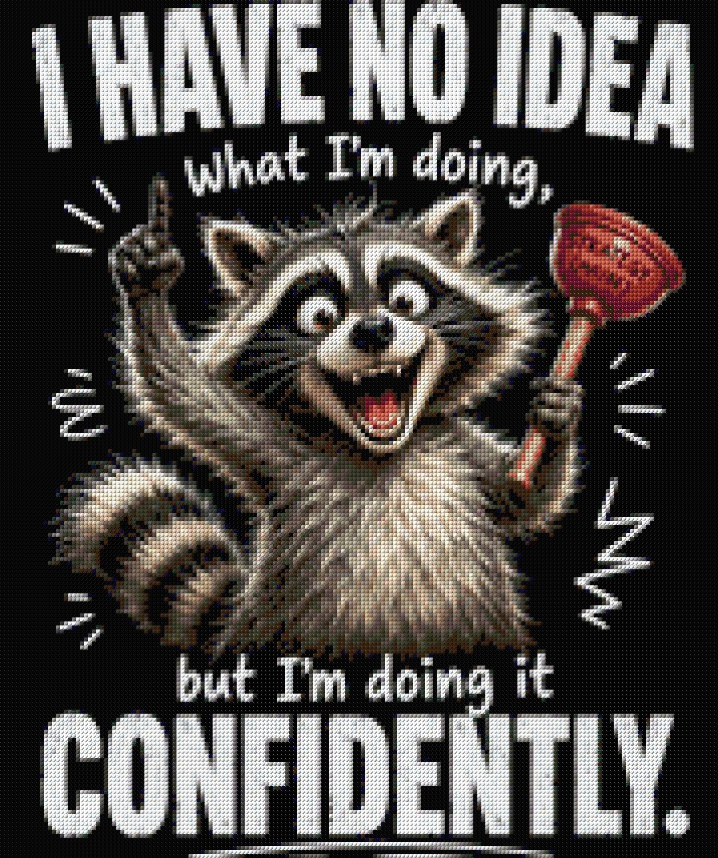 Cheerful raccoon holding a plunger labeled 'Strategy (Maybe)' with confident expression. Size - 50cm x 60cm