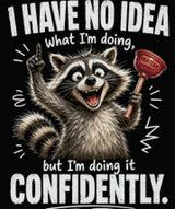 Cheerful raccoon holding a plunger labeled 'Strategy (Maybe)' with confident expression. Size - 50cm x 60cm