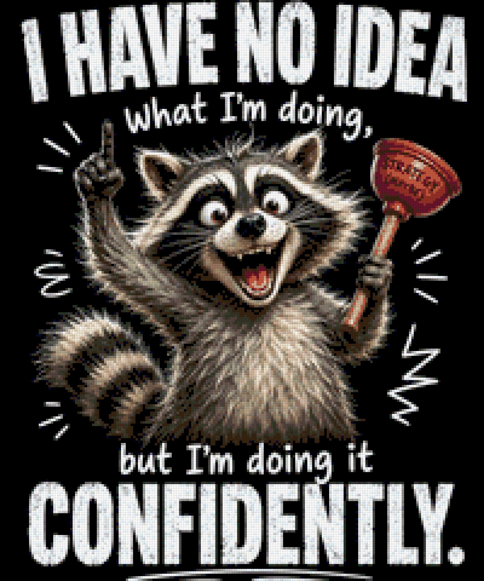 Cheerful raccoon holding a plunger labeled 'Strategy (Maybe)' with confident expression. Size - 50cm x 60cm