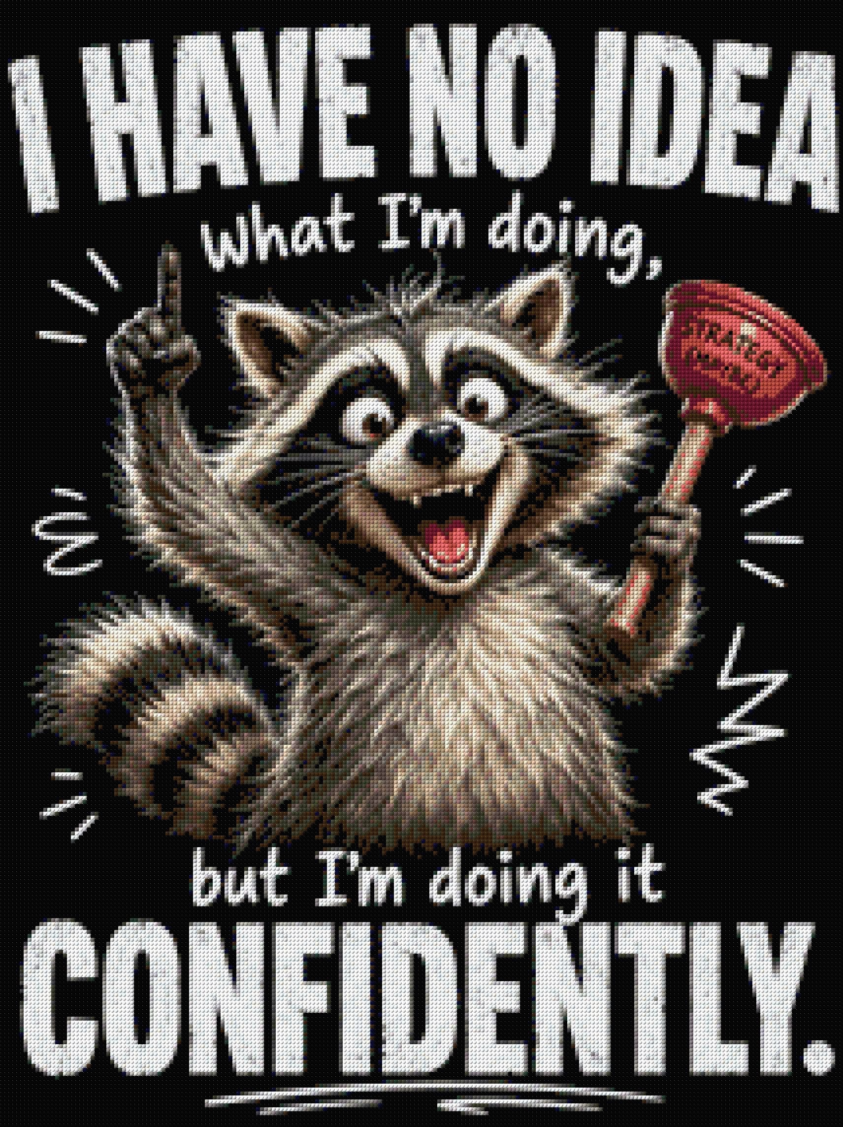 Cheerful raccoon holding a plunger labeled 'Strategy (Maybe)' with confident expression. Size - 60cm x 80cm