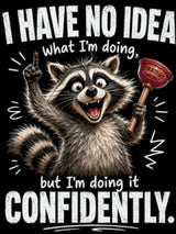 Cheerful raccoon holding a plunger labeled 'Strategy (Maybe)' with confident expression. Size - 60cm x 80cm