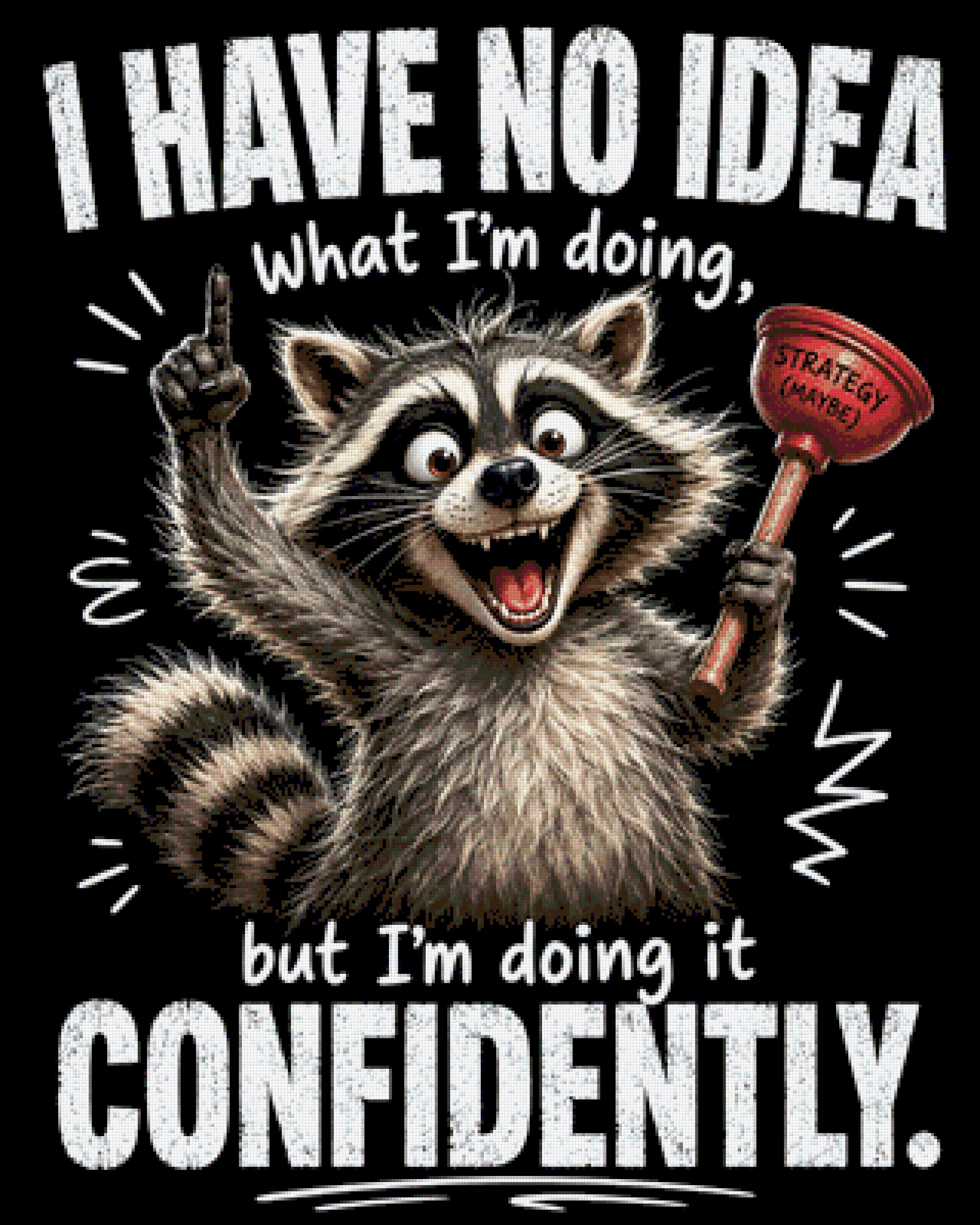 Cheerful raccoon holding a plunger labeled 'Strategy (Maybe)' with confident expression. Size - 80cm x 100cm