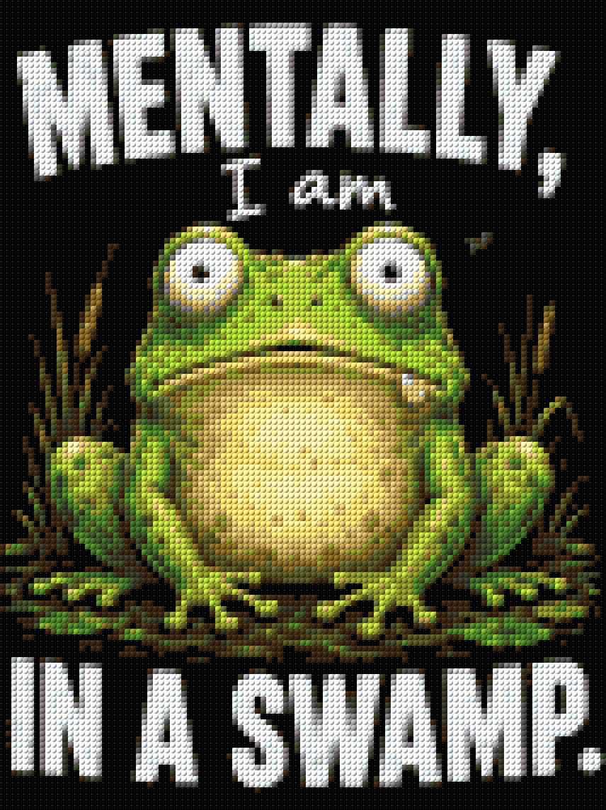 A cartoon frog with a wide-eyed expression sits in a swamp with text above and below. Size - 30cm x 40cm