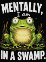 A cartoon frog with a wide-eyed expression sits in a swamp with text above and below. Size - 30cm x 40cm