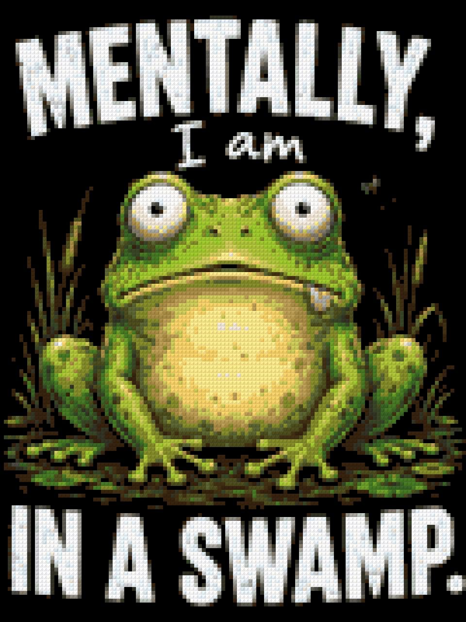 A cartoon frog with a wide-eyed expression sits in a swamp with text above and below. Size - 30cm x 40cm