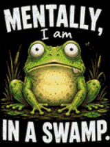 A cartoon frog with a wide-eyed expression sits in a swamp with text above and below. Size - 30cm x 40cm