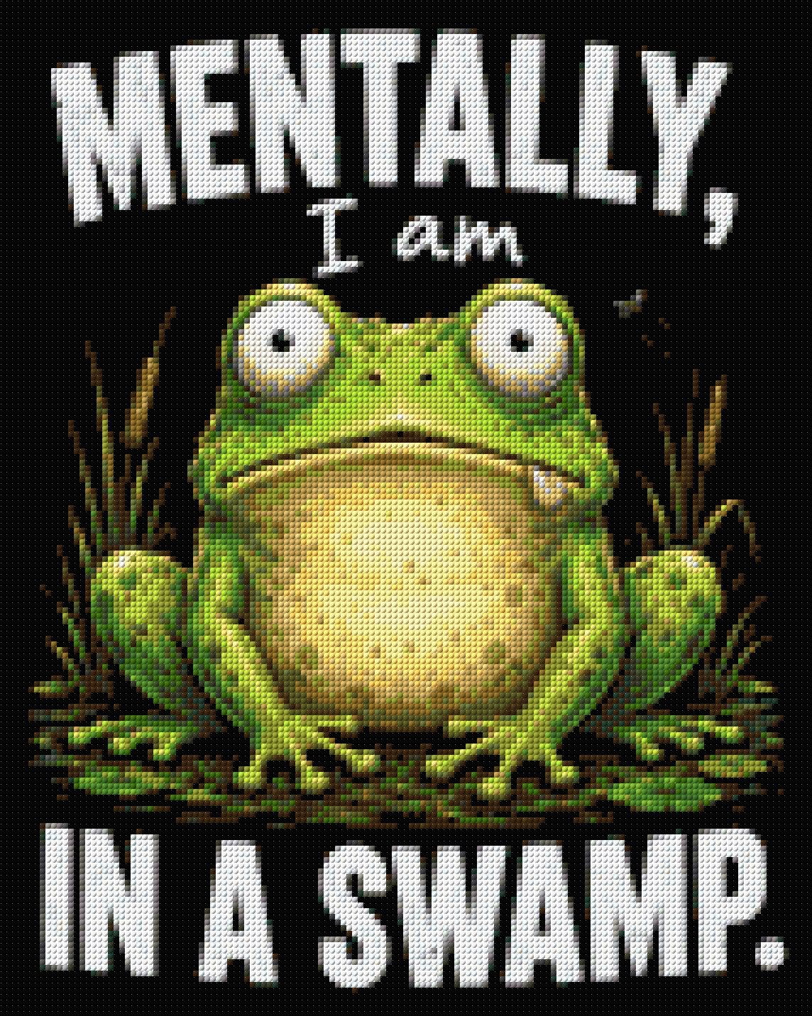 A cartoon frog with a wide-eyed expression sits in a swamp with text above and below. Size - 40cm x 50cm