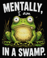 A cartoon frog with a wide-eyed expression sits in a swamp with text above and below. Size - 40cm x 50cm