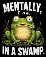 A cartoon frog with a wide-eyed expression sits in a swamp with text above and below. Size - 40cm x 50cm