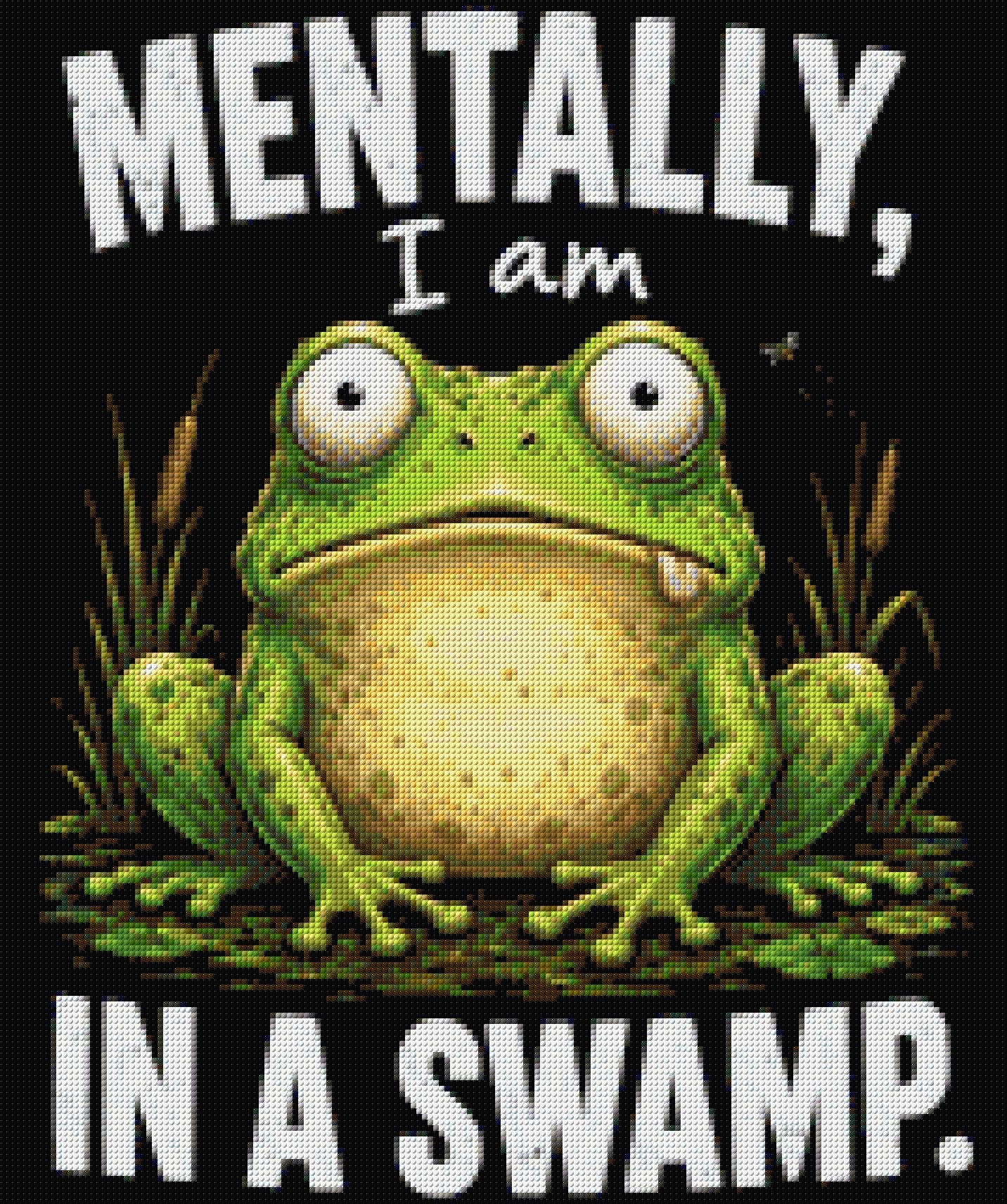 A cartoon frog with a wide-eyed expression sits in a swamp with text above and below. Size - 50cm x 60cm