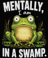 A cartoon frog with a wide-eyed expression sits in a swamp with text above and below. Size - 50cm x 60cm