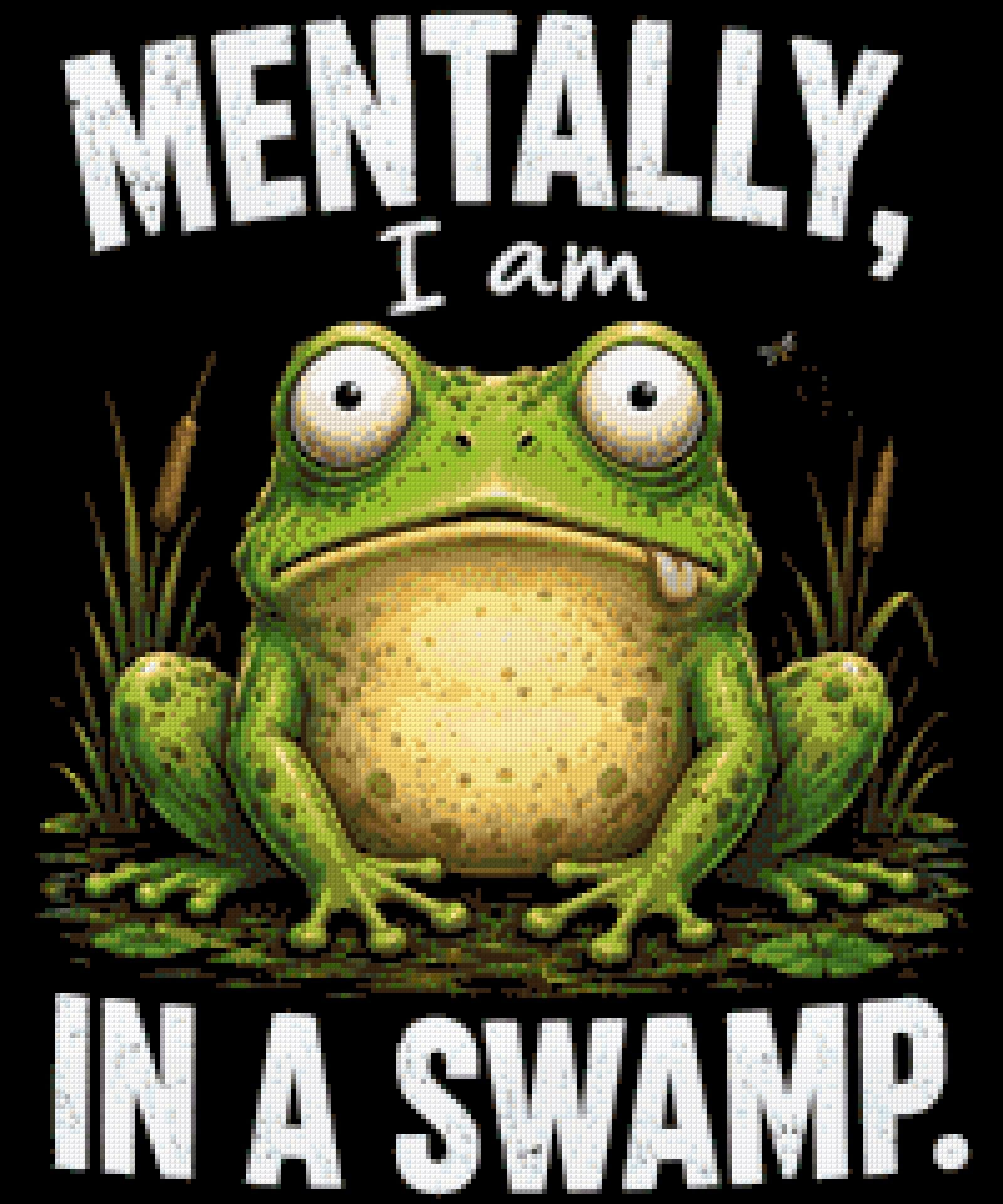 A cartoon frog with a wide-eyed expression sits in a swamp with text above and below. Size - 50cm x 60cm
