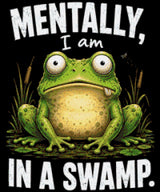 A cartoon frog with a wide-eyed expression sits in a swamp with text above and below. Size - 50cm x 60cm