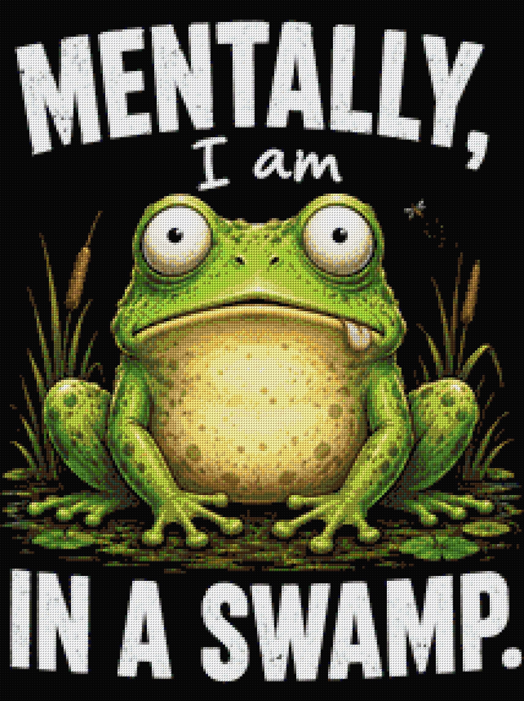 A cartoon frog with a wide-eyed expression sits in a swamp with text above and below. Size - 60cm x 80cm