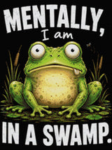 A cartoon frog with a wide-eyed expression sits in a swamp with text above and below. Size - 60cm x 80cm