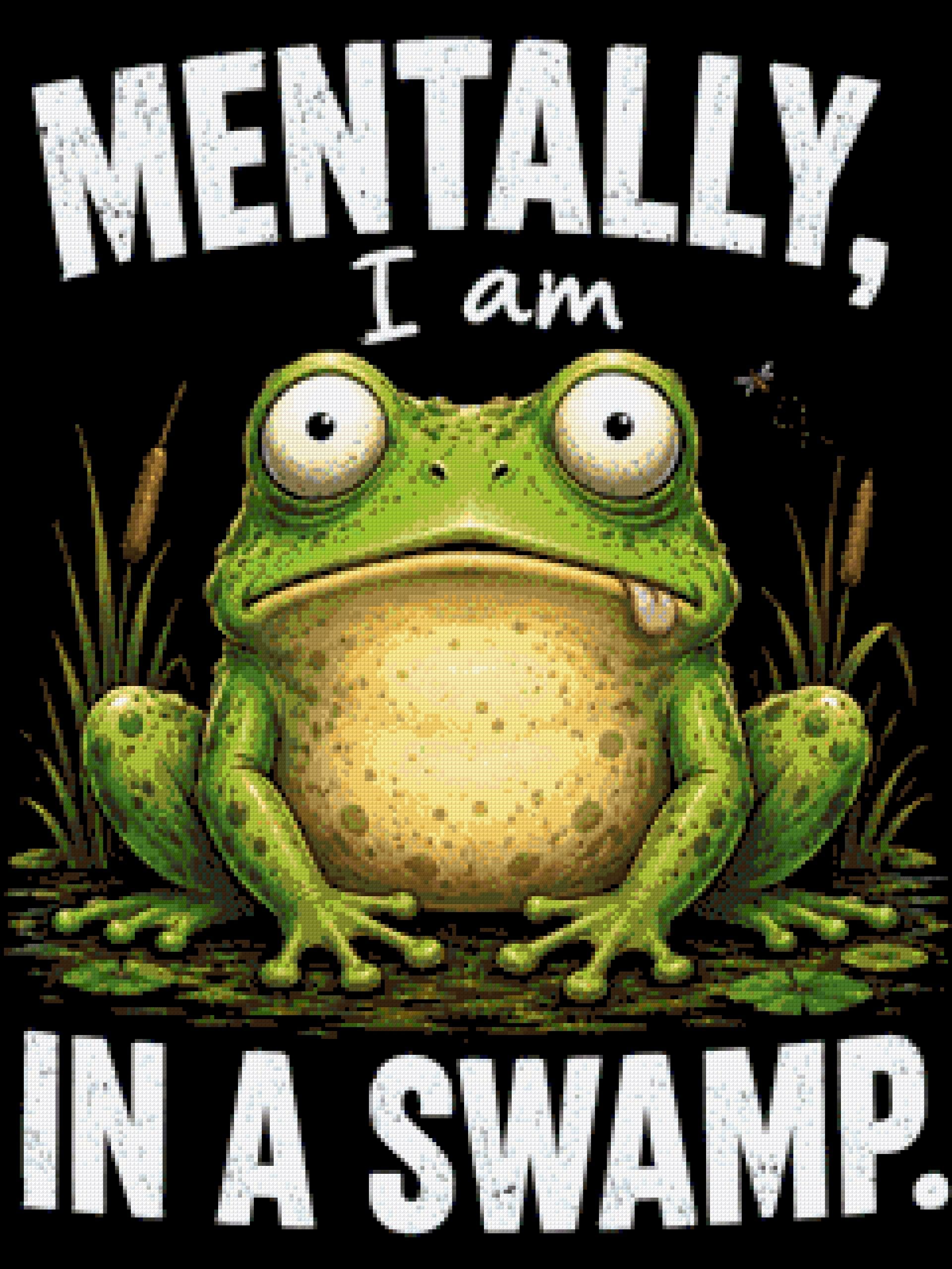 A cartoon frog with a wide-eyed expression sits in a swamp with text above and below. Size - 60cm x 80cm