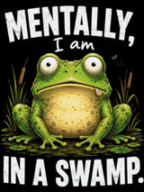 A cartoon frog with a wide-eyed expression sits in a swamp with text above and below. Size - 60cm x 80cm