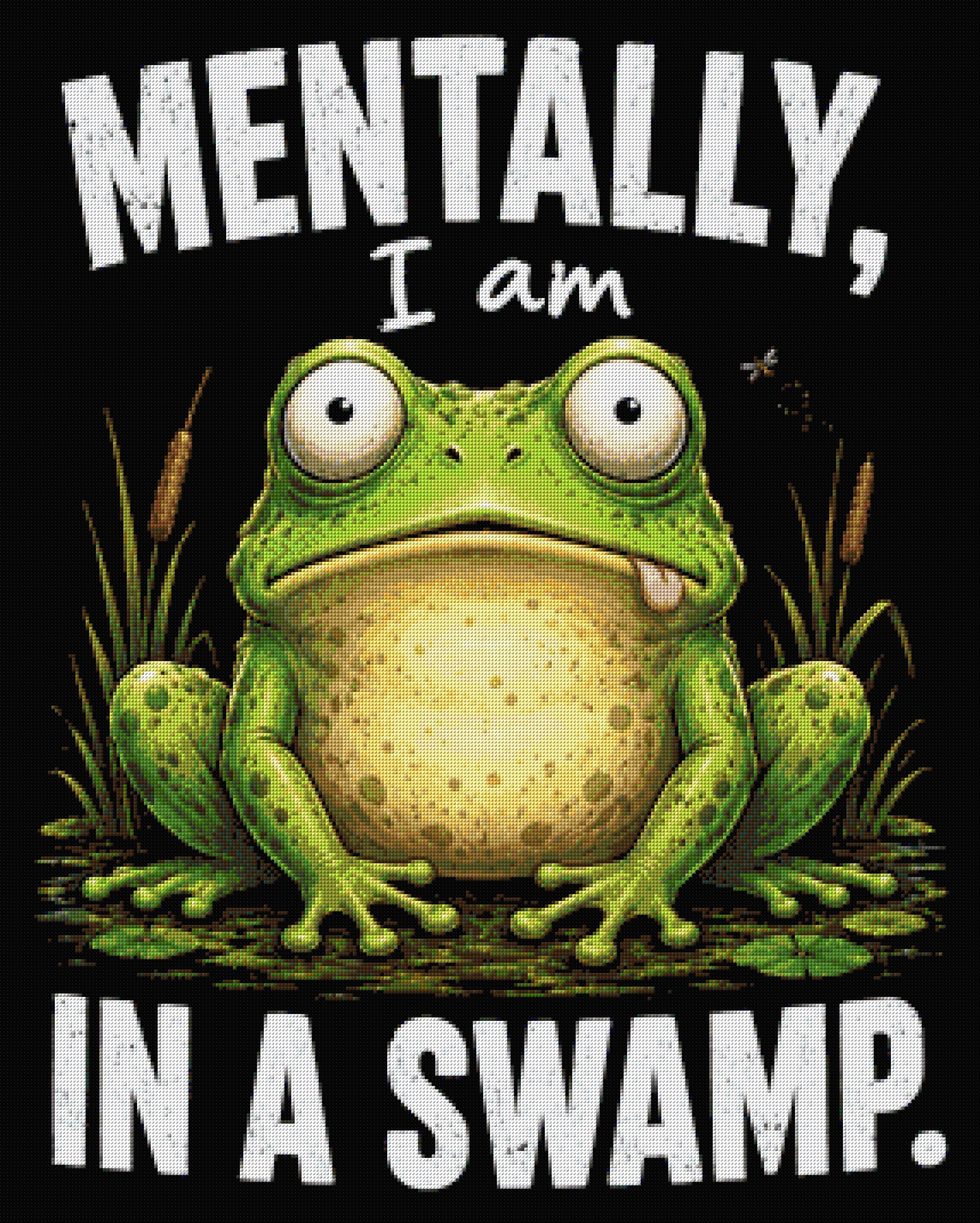A cartoon frog with a wide-eyed expression sits in a swamp with text above and below. Size - 80cm x 100cm