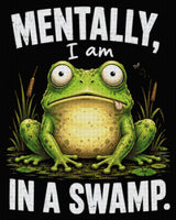 A cartoon frog with a wide-eyed expression sits in a swamp with text above and below. Size - 80cm x 100cm