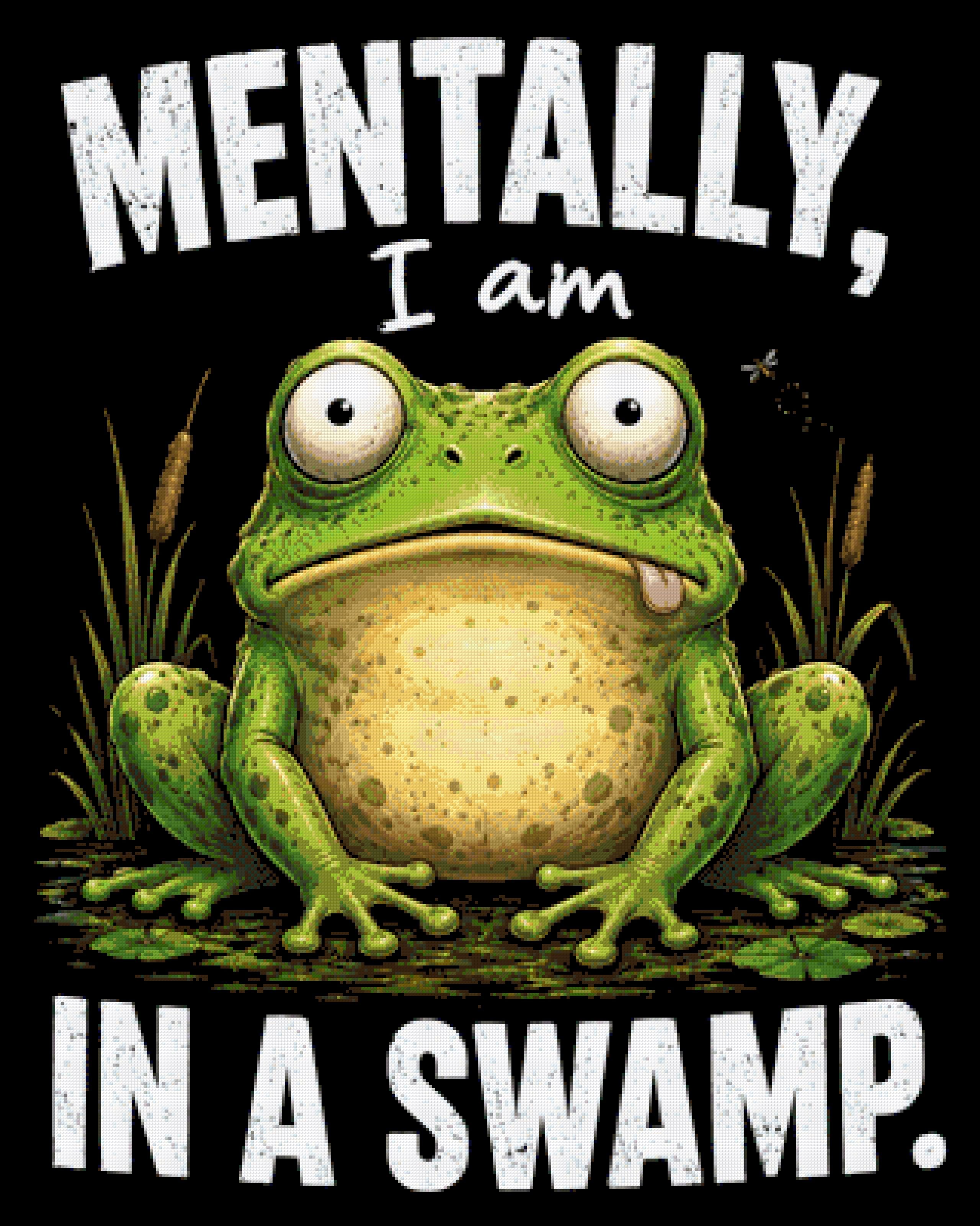 A cartoon frog with a wide-eyed expression sits in a swamp with text above and below. Size - 80cm x 100cm