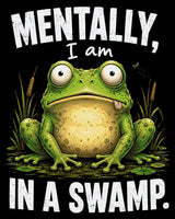 A cartoon frog with a wide-eyed expression sits in a swamp with text above and below. Size - 80cm x 100cm