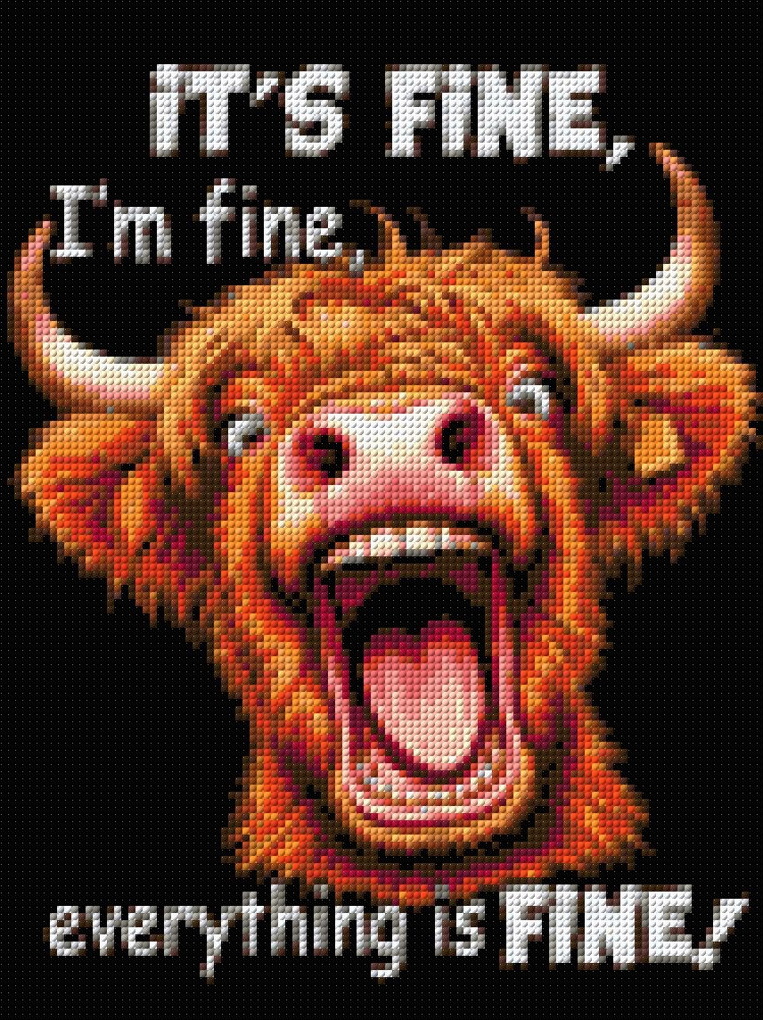 Highland cow with open mouth and text 'It’s fine, I’m fine, everything is fine.' Size - 30cm x 40cm