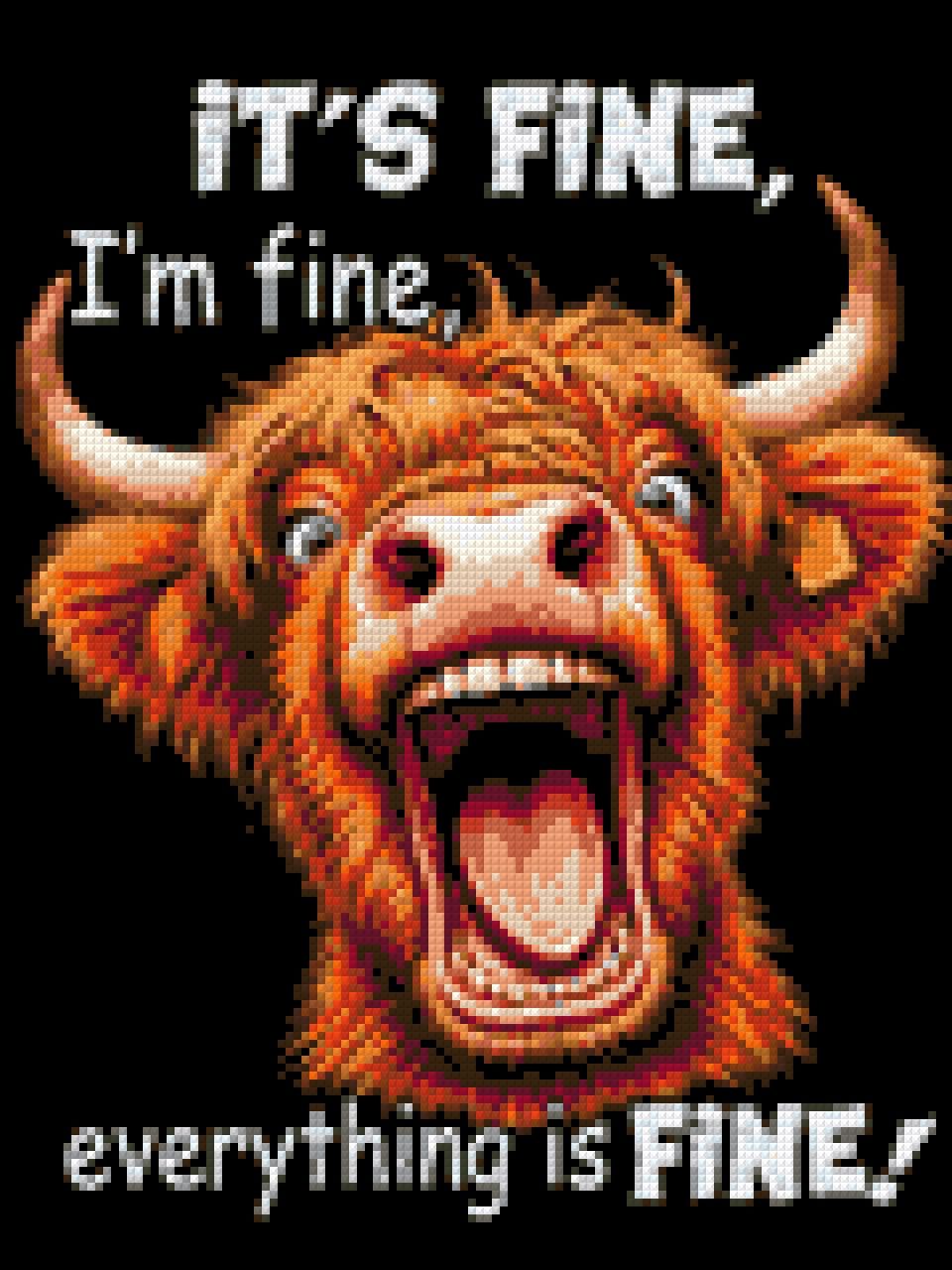 Highland cow with open mouth and text 'It’s fine, I’m fine, everything is fine.' Size - 30cm x 40cm