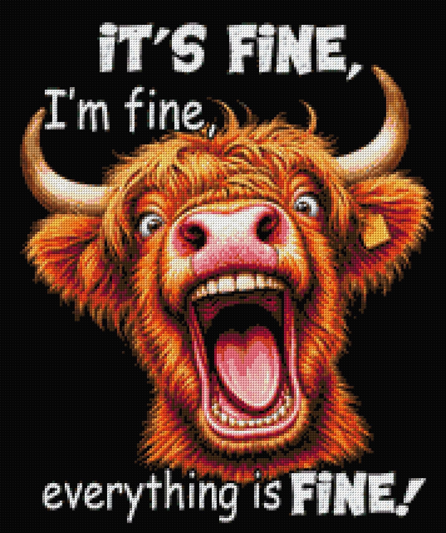 Highland cow with open mouth and text 'It’s fine, I’m fine, everything is fine.' Size - 50cm x 60cm