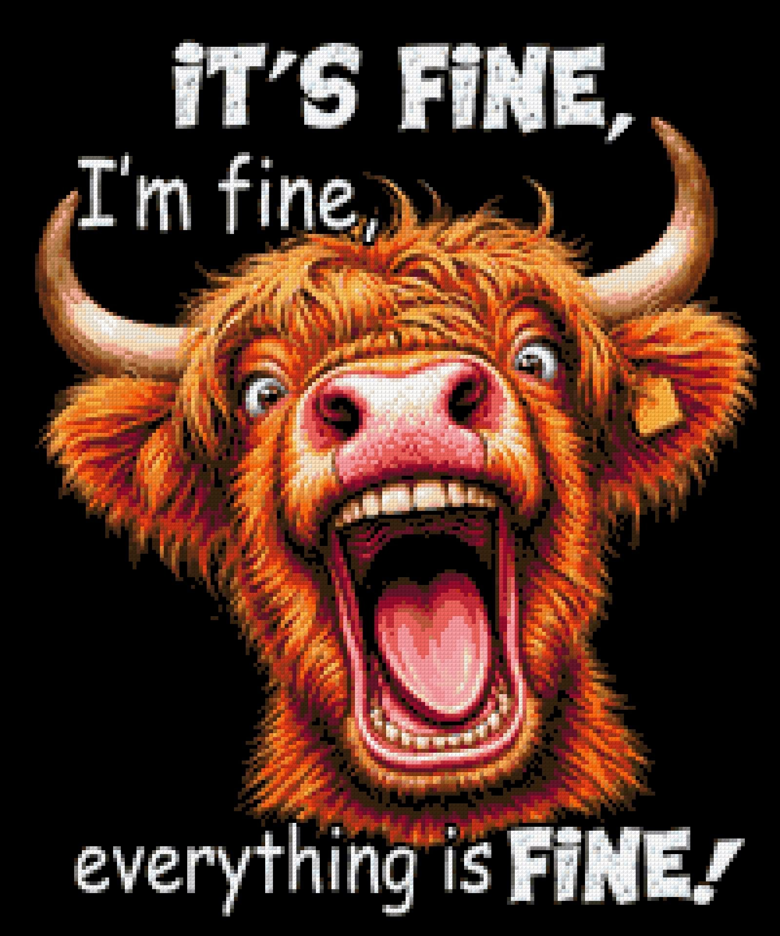 Highland cow with open mouth and text 'It’s fine, I’m fine, everything is fine.' Size - 50cm x 60cm
