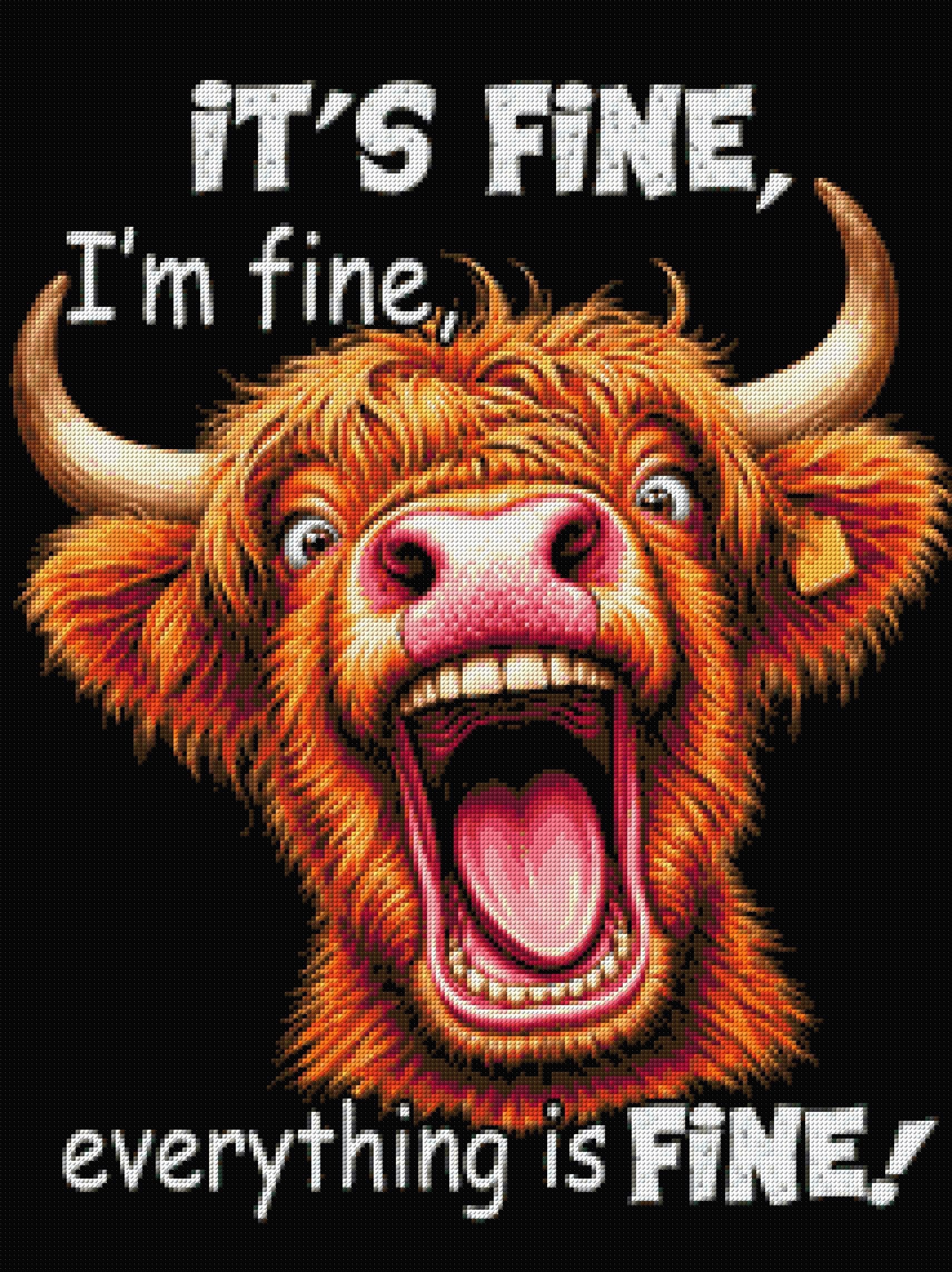 Highland cow with open mouth and text 'It’s fine, I’m fine, everything is fine.' Size - 60cm x 80cm