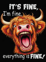Highland cow with open mouth and text 'It’s fine, I’m fine, everything is fine.' Size - 60cm x 80cm