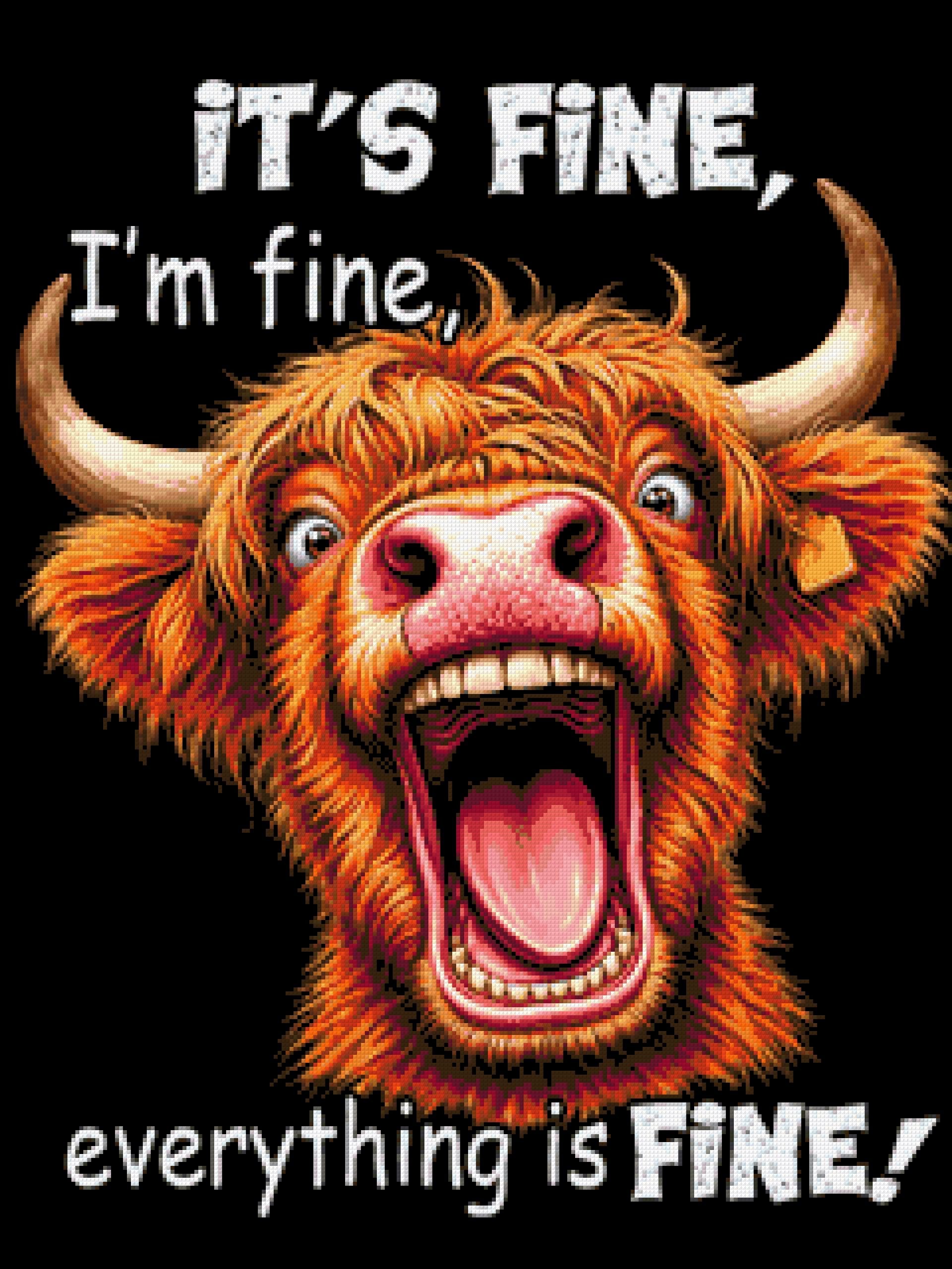 Highland cow with open mouth and text 'It’s fine, I’m fine, everything is fine.' Size - 60cm x 80cm
