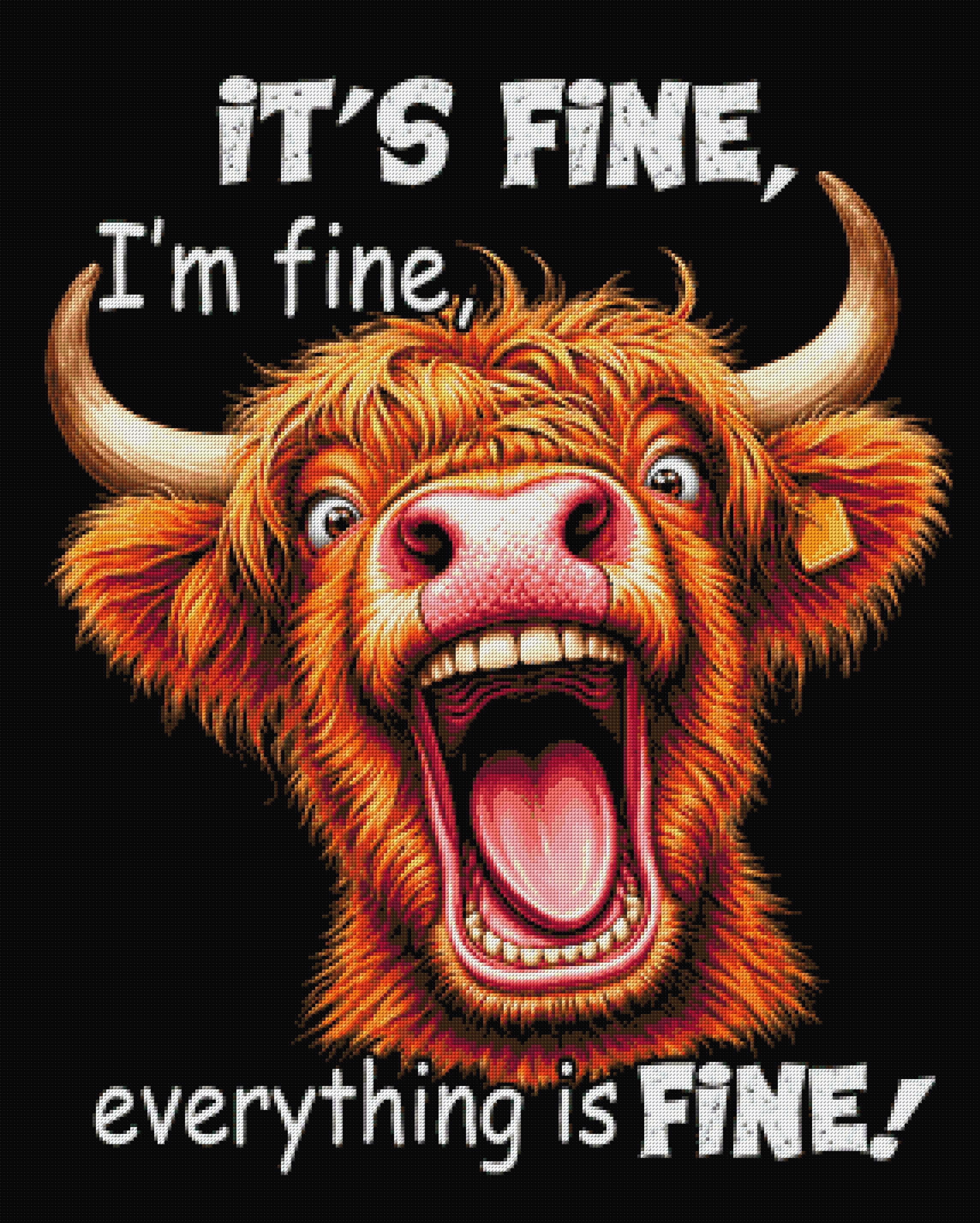 Highland cow with open mouth and text 'It’s fine, I’m fine, everything is fine.' Size - 80cm x 100cm