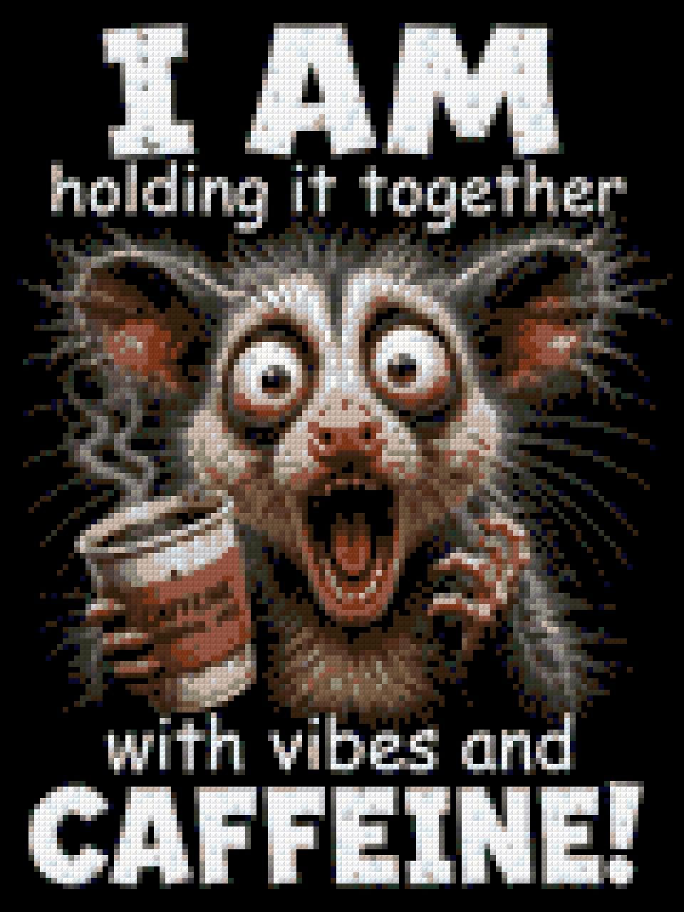 A wide-eyed creature holding coffee labeled 'Caffeine Survival Juice' with humorous text about vibes and caffeine. Size - 30cm x 40cm