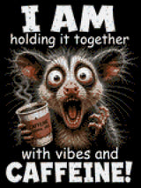 A wide-eyed creature holding coffee labeled 'Caffeine Survival Juice' with humorous text about vibes and caffeine. Size - 30cm x 40cm