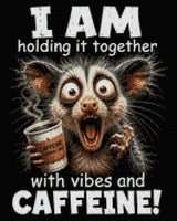 A wide-eyed creature holding coffee labeled 'Caffeine Survival Juice' with humorous text about vibes and caffeine. Size - 40cm x 50cm