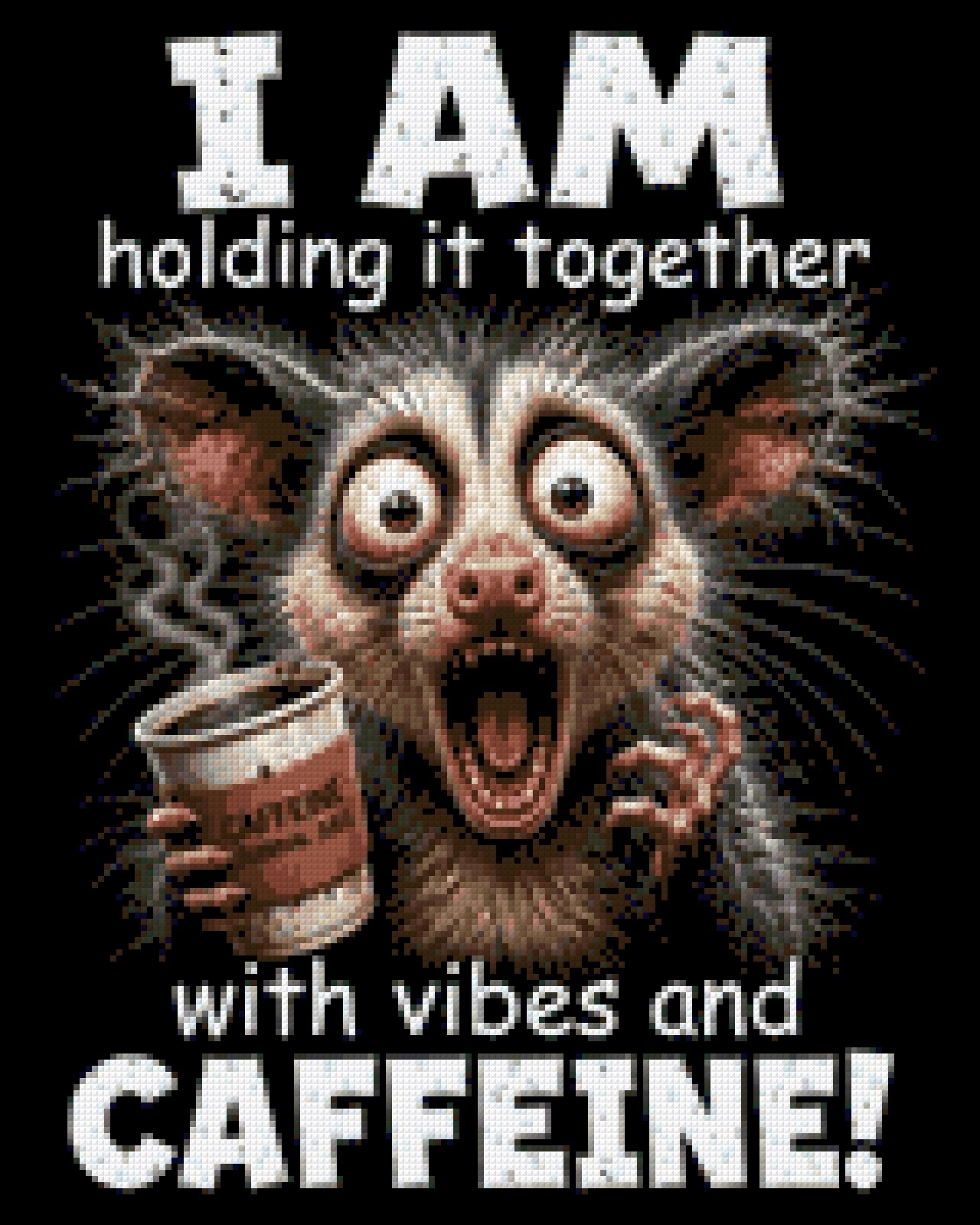 A wide-eyed creature holding coffee labeled 'Caffeine Survival Juice' with humorous text about vibes and caffeine. Size - 40cm x 50cm