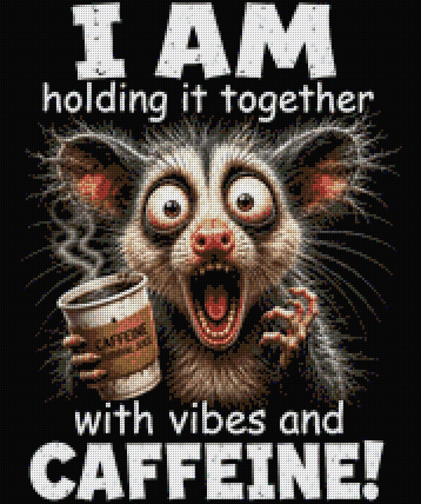 A wide-eyed creature holding coffee labeled 'Caffeine Survival Juice' with humorous text about vibes and caffeine. Size - 50cm x 60cm