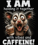 A wide-eyed creature holding coffee labeled 'Caffeine Survival Juice' with humorous text about vibes and caffeine. Size - 50cm x 60cm