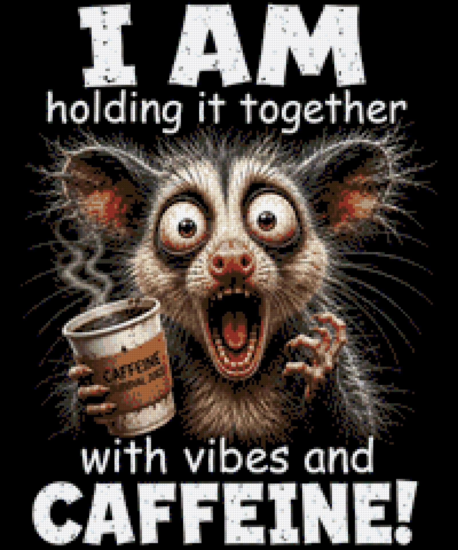 A wide-eyed creature holding coffee labeled 'Caffeine Survival Juice' with humorous text about vibes and caffeine. Size - 50cm x 60cm